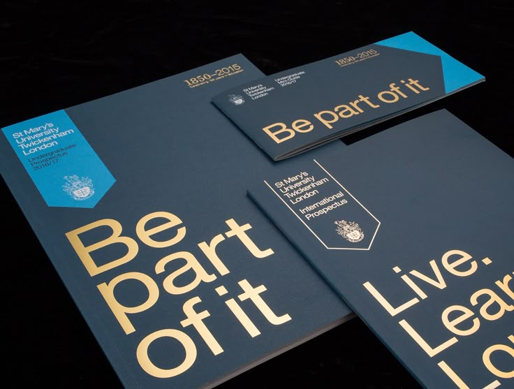 university brochures in different sizes and gold foiled text 
