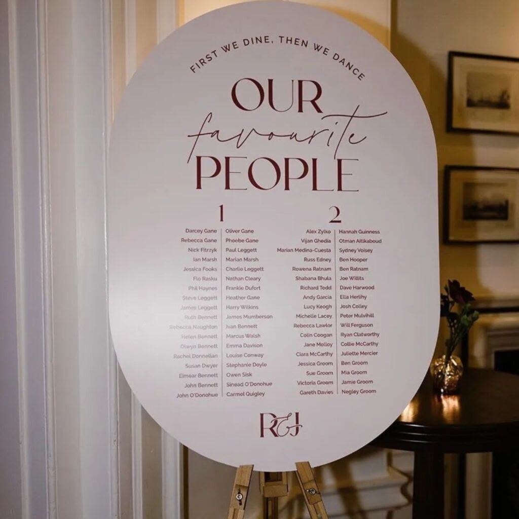 Wedding signage showing guest list 