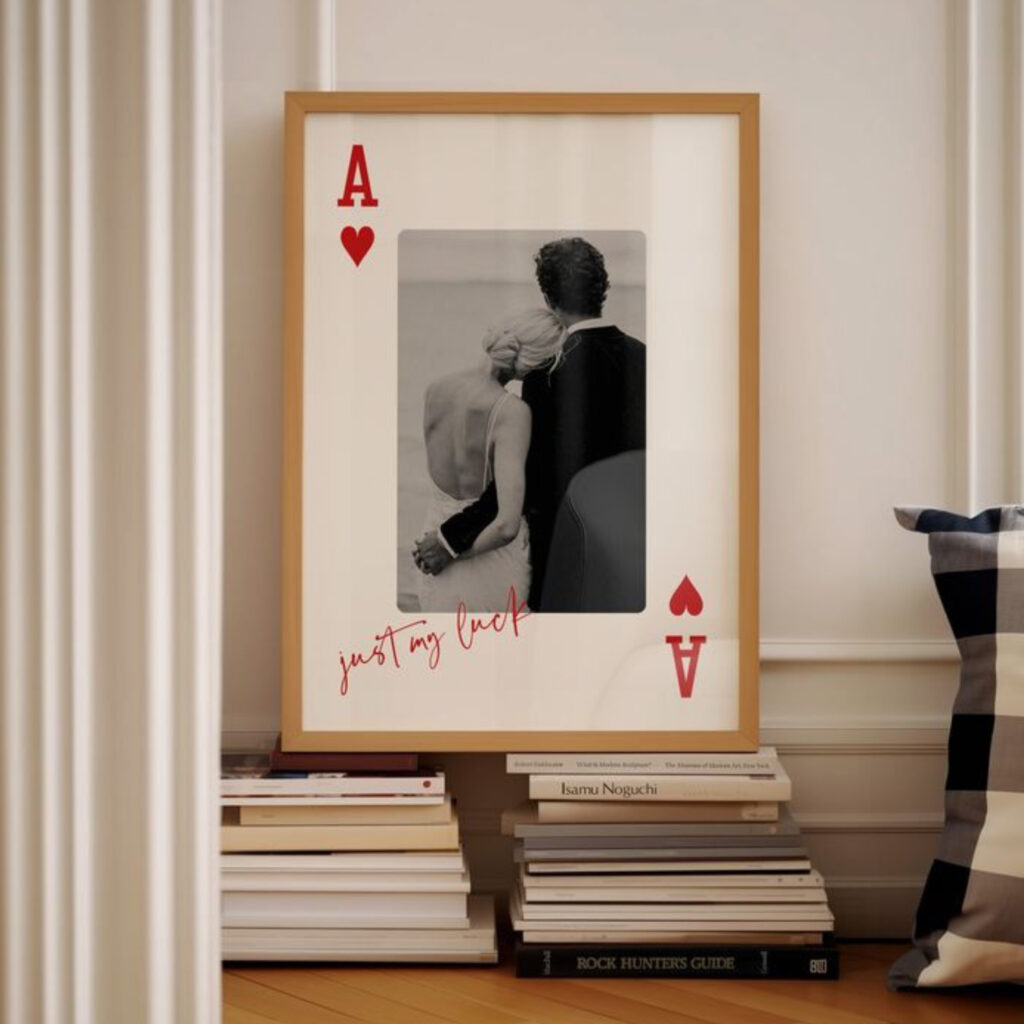 playing card wedding art print with black and white image in middle 