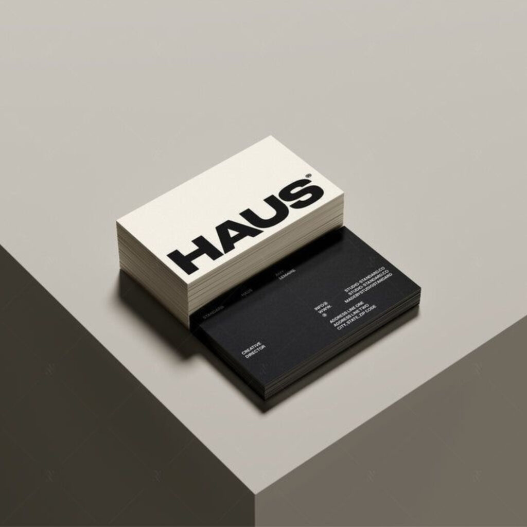 Bold, modern business card with big bold text on one side and smaller text on other side