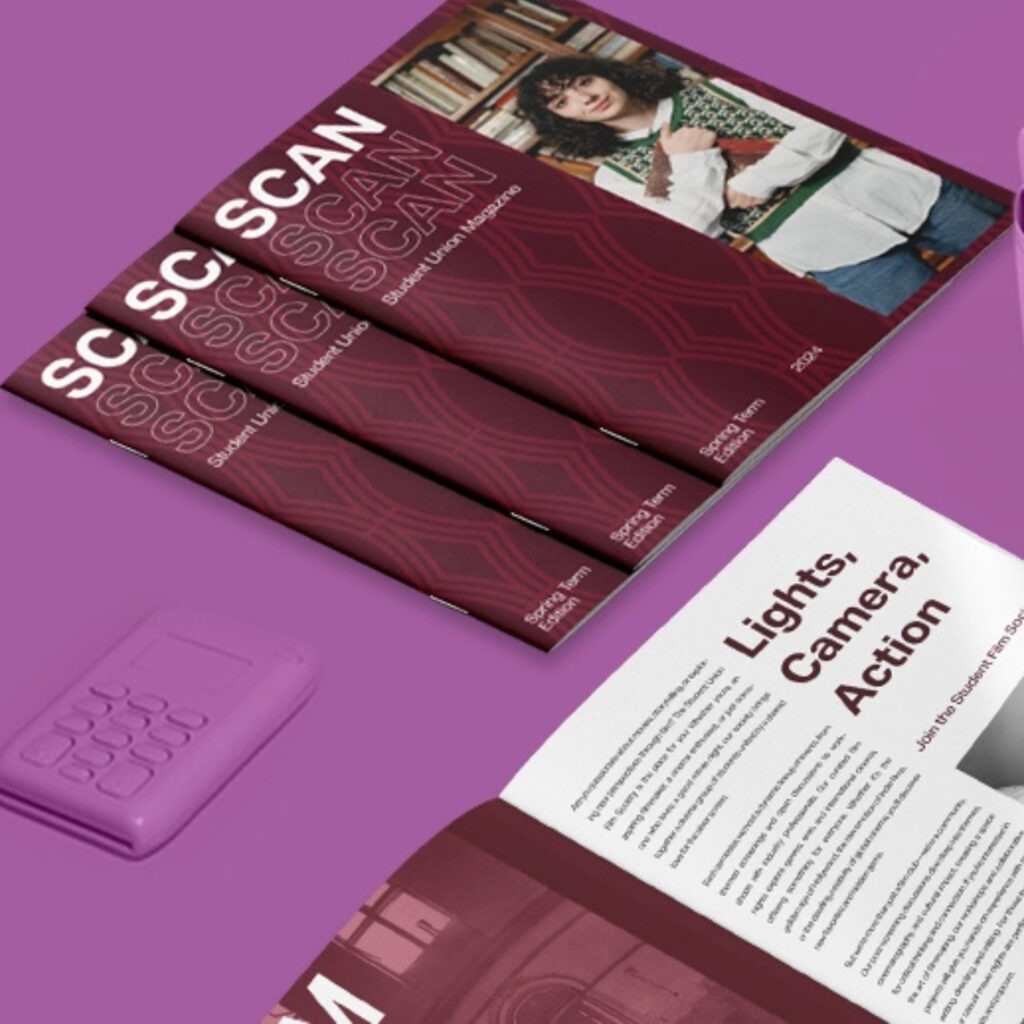 Burgundy saddle stitch booklet with large white text and a picture of a girl holding books